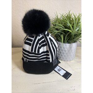 Karl Lagerfeld Paris Women's Pom Pom Faux Fur Trim Beanie Hat OSFA Black/White